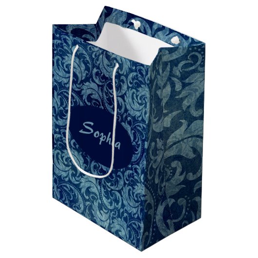 青エレガントヴィンテージダマスク模様 ミディアムペーパーバッグ (正面アングル)