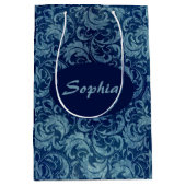 青エレガントヴィンテージダマスク模様 ミディアムペーパーバッグ (正面)