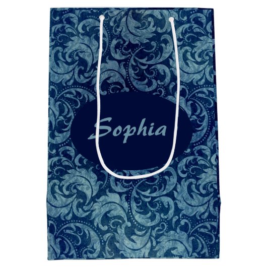 青エレガントヴィンテージダマスク模様 ミディアムペーパーバッグ (裏面)