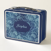 青エレガントヴィンテージダマスク模様 メタルランチボックス (裏面)