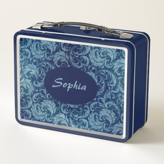 青エレガントヴィンテージダマスク模様 メタルランチボックス (裏面)