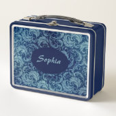 青エレガントヴィンテージダマスク模様 メタルランチボックス (正面)