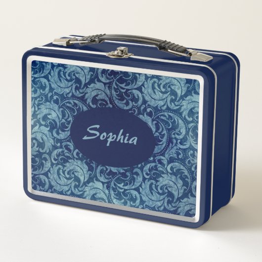 青エレガントヴィンテージダマスク模様 メタルランチボックス (正面)