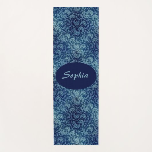 青エレガントヴィンテージダマスク模様 ヨガマット (正面)