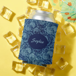 青エレガントヴィンテージダマスク模様 缶クーラー