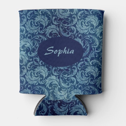 青エレガントヴィンテージダマスク模様 缶クーラー (正面)