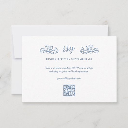 青エレガントヴィンテージビクトリアン結婚フローラ 出欠カード (正面)