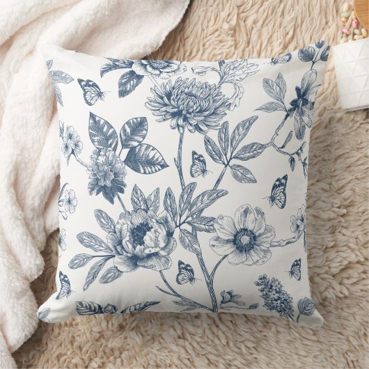 青エレガントヴィンテージフランスの花柄 クッション (ブランケット)