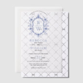 青エレガントヴィンテージフローラクレスト結婚モノグラム ベラム紙招待状 (オフセット (招待状))