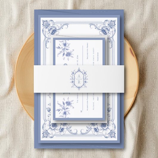 青エレガントヴィンテージフローラクレスト結婚モノグラム 招待状ベリーバンド
