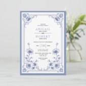 青エレガントヴィンテージフローラフレームQRコー結婚ド 招待状 (スタンド正面)