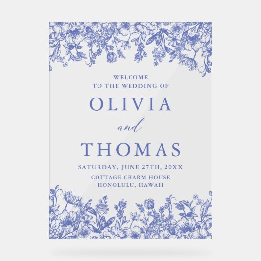 青エレガントヴィンテージフローラ山花結婚の アクリルサイン (正面)