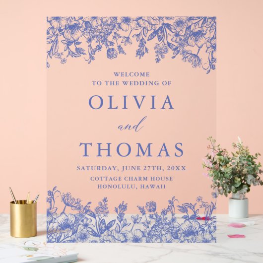 青エレガントヴィンテージフローラ山花結婚の アクリルサイン (ウェディング)