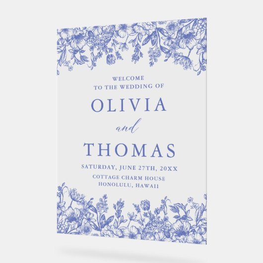 青エレガントヴィンテージフローラ山花結婚の アクリルサイン (傾斜)