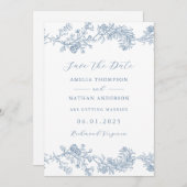 青エレガントヴィンテージフローラ結婚式の日付の保存 セーブザデート (正面/裏面)