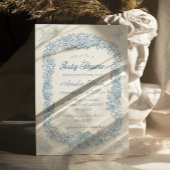 青エレガントヴィンテージフローラ赤ちゃんシャワー 招待状