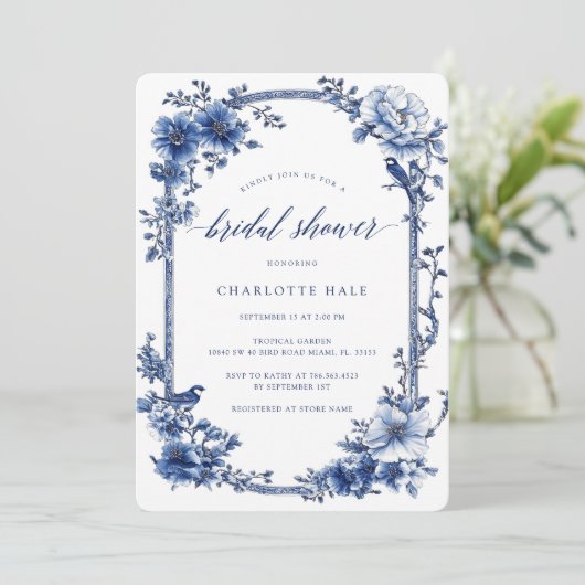 青エレガントヴィンテージブライダルシャワー 招待状 (スタンド正面)