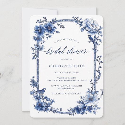 青エレガントヴィンテージブライダルシャワー 招待状 (正面)