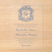 青エレガントヴィンテージモノグラム結婚クレスト アクリル招待状 (正面)