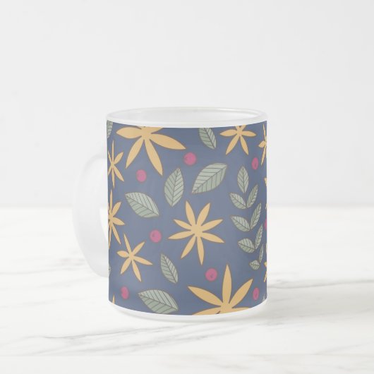 青エレガント上の黄色い花柄 フロストグラスマグカップ (正面左)