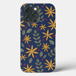 青エレガント上の黄色い花柄 iPhone 13 PROケース