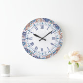 青エレガント伝統的とオレンジのペイズリープリント ラージ壁時計 (ホーム)