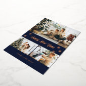 青エレガント写真ハッピーニューイヤーバラ金ゴールド 箔シーズンカード (回転した状態)