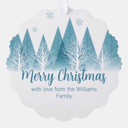 青エレガント冬の木のカスタムクリスマスプレゼント オーナメントカード (正面)