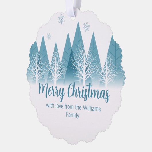 青エレガント冬の木のカスタムクリスマスプレゼント オーナメントカード (左)