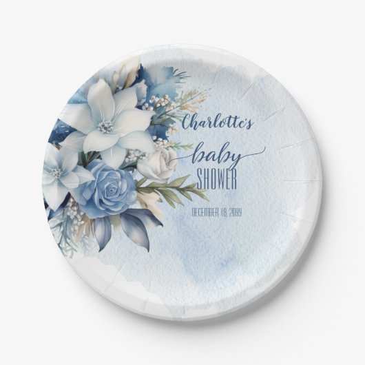 青エレガント冬フローラ少年の赤ちゃんシャワー ペーパープレート (正面)