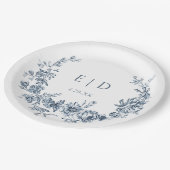 青エレガント刻フローラリース（モノグラム付） ペーパープレート (アングル)