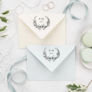 青エレガント刻フローラリース（モノグラム付） ラバースタンプ