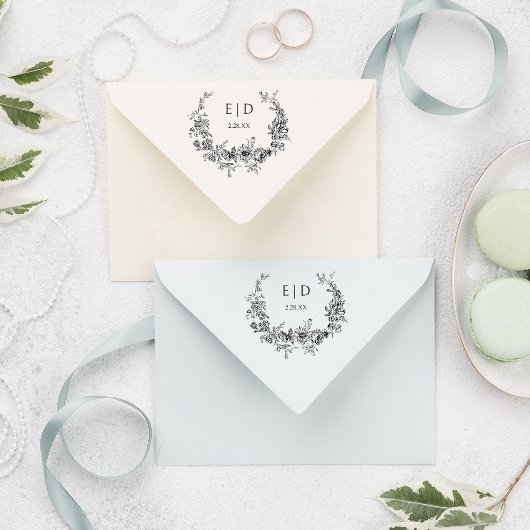 青エレガント刻フローラリース(モノグラム付) ラバースタンプ