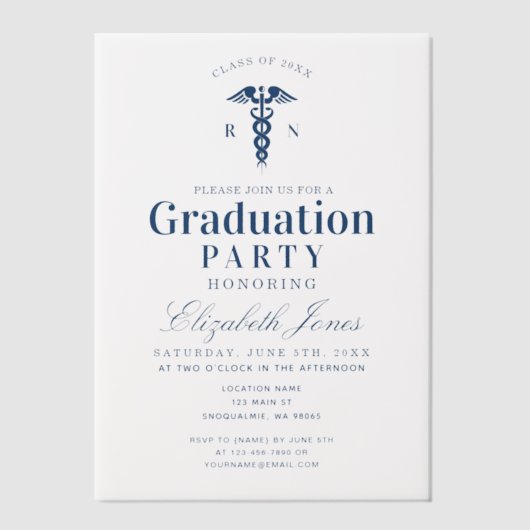 青エレガント医学生の卒業党 ベラム紙招待状 (正面)