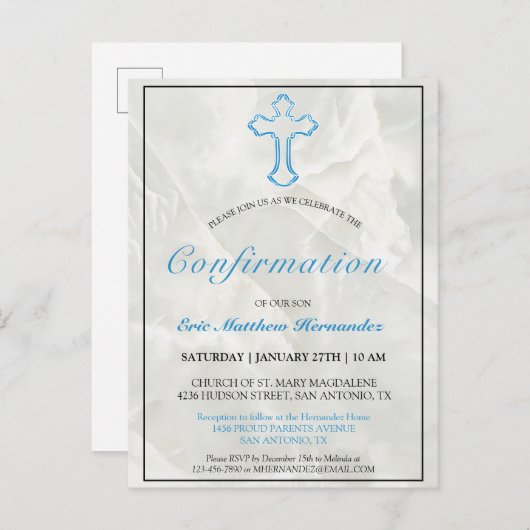 青エレガント十字大理石ボーイズ確認 インビテーションポストカード (正面/裏面)