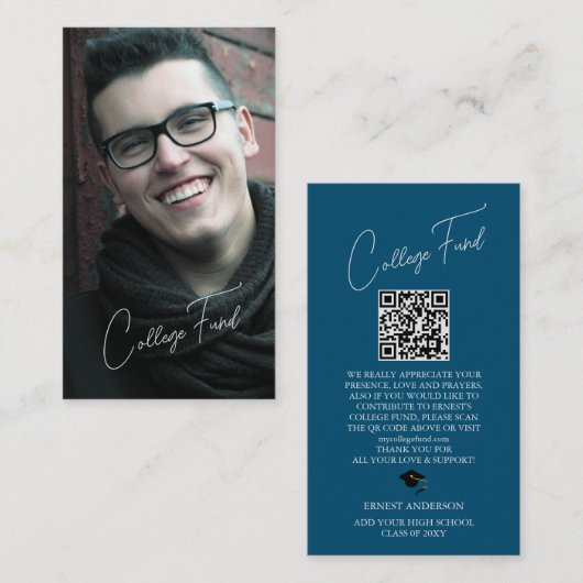 青エレガント卒業写真QRコードカレッジファンド エンクロージャーカード (正面/裏面)