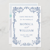 青エレガント園フランスのフローラ結婚の写真 セーブザデート (正面/裏面)