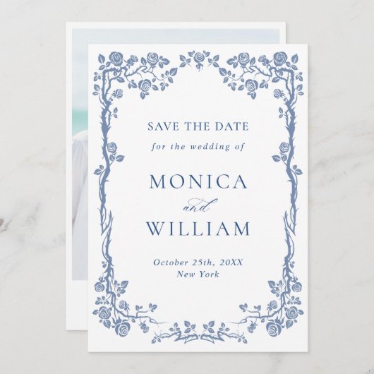 青エレガント園フランスのフローラ結婚の写真 セーブザデート (正面/裏面)