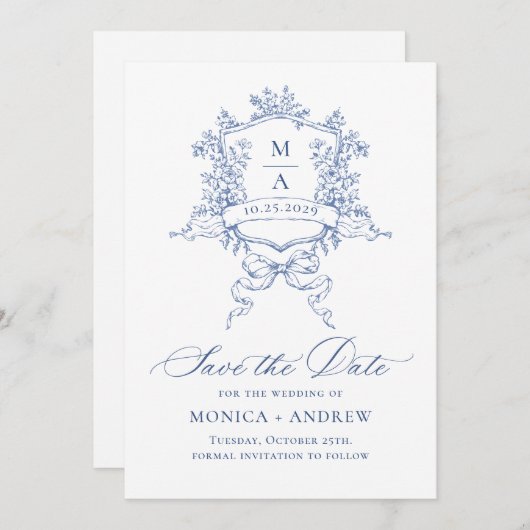 青エレガント園フランスの花結婚のQRコード セーブザデート (正面/裏面)