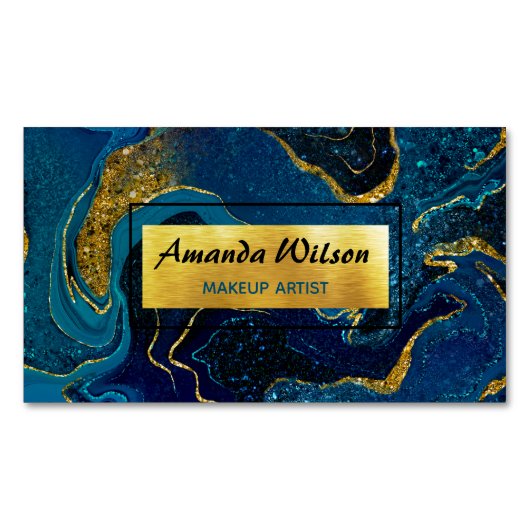 青エレガント大理石アーフェイクト金ゴールドグリッター マグネット名刺 (正面)