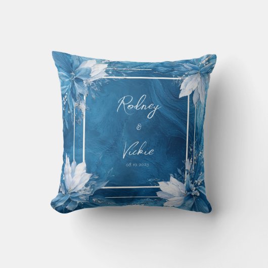 青エレガント大理石フローラ結婚ズ クッション (正面)