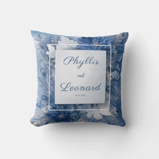 青エレガント大理石フローラ結婚ズ クッション (正面)