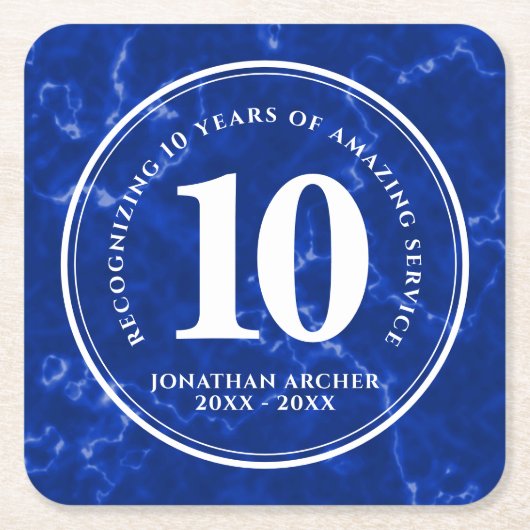 青エレガント大理石10年勤続記念日 スクエアペーパーコースター (正面)
