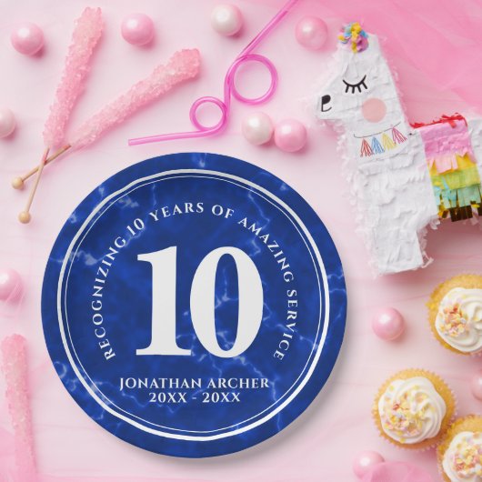 青エレガント大理石10年勤続記念日 ペーパープレート (パーティー)
