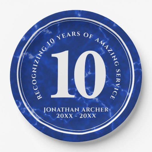 青エレガント大理石10年勤続記念日 ペーパープレート (正面)