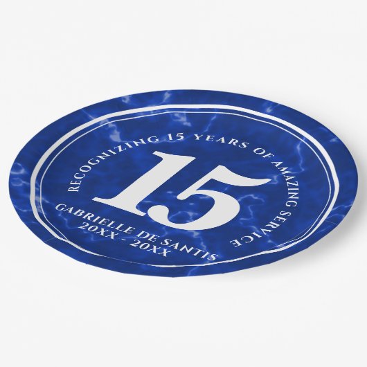 青エレガント大理石15年勤続記念日 ペーパープレート (アングル)