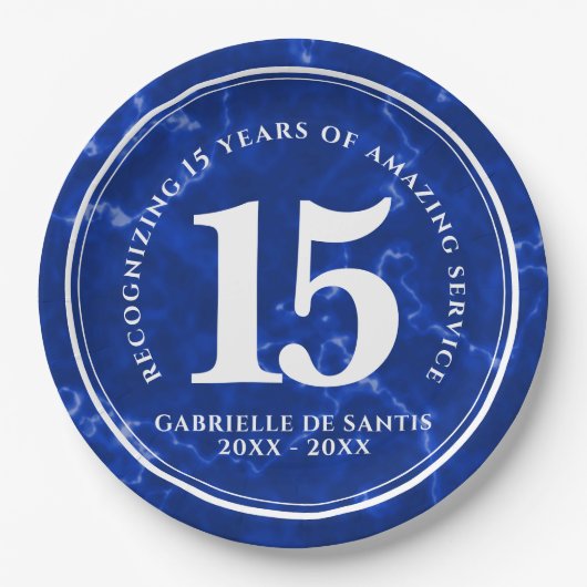 青エレガント大理石15年勤続記念日 ペーパープレート (正面)