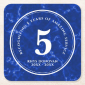 青エレガント大理石5年勤続記念日 スクエアペーパーコースター (正面)