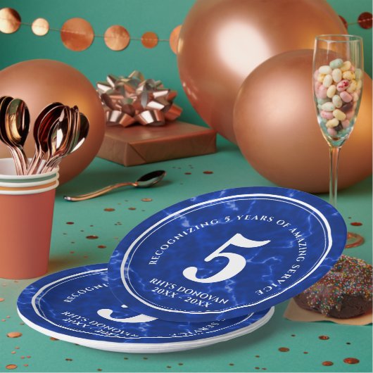 青エレガント大理石5年勤続記念日 ペーパープレート (複数)