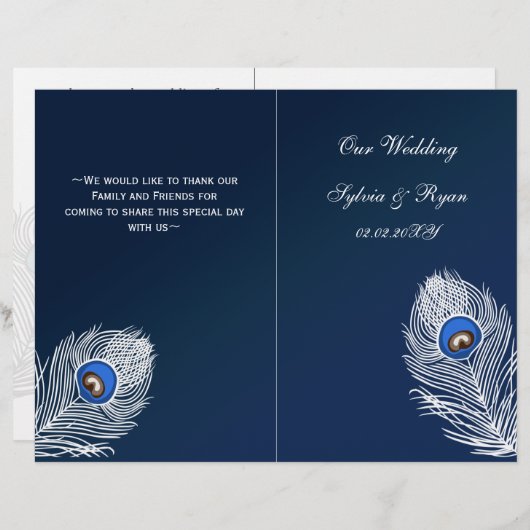 青エレガント孔雀の折り結婚式 プログラム (正面/裏面)